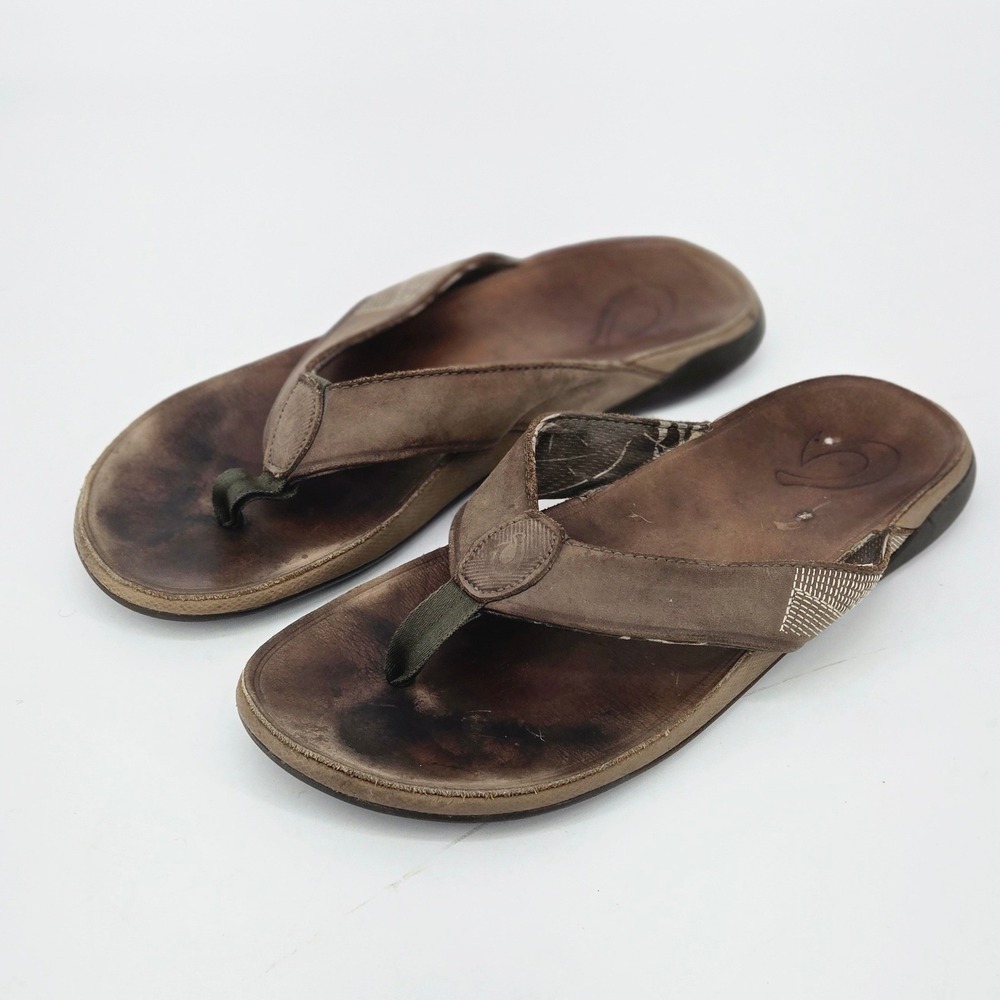 OluKai Tuahine Toffee Brown Waterproof Leather Flip Flop Sandals Men Size 10